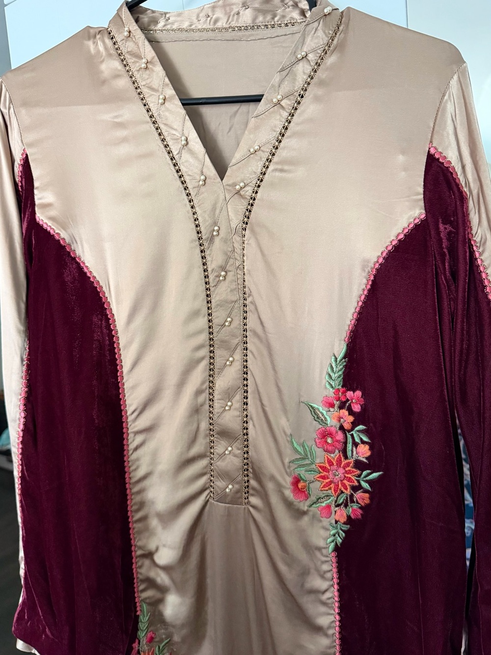 Embroidered Silk Two-Tone Satin Tunic — Beige & Deep Burgundy (3 piece)